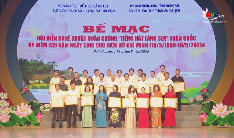 La Sra. Tran Thi My Hanh, Directora del Departamento de Cultura, Deportes y Turismo de la provincia de Nghe An, otorgó Certificados de Mérito del Comité Popular de la provincia de Nghe An a los grupos de arte que participaron en el Festival. bang-khen.jpg