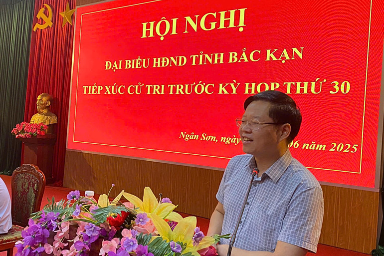 Đồng chí Đinh Quang Tuyên, Phó Bí thư Tỉnh ủy, Phó Chủ tịch Thường trực UBND tỉnh phát biểu tại buổi tiếp xúc cử tri huyện Ngân Sơn. 1-8135.jpg
