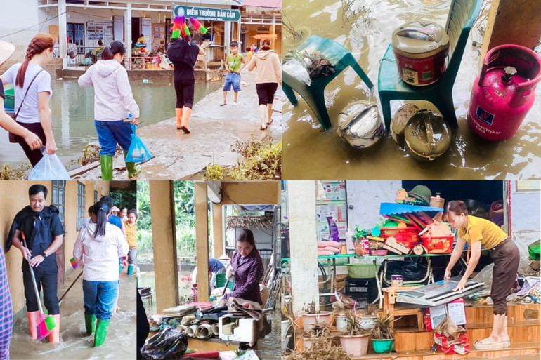Thầy cô giáo điểm trường Bản Cám, Trường Tiểu học và THCS Nam Mẫu (Ba Bể, Bắc Kạn) dọn dẹp trường lớp ngay sau khi nước rút. 2.jpg