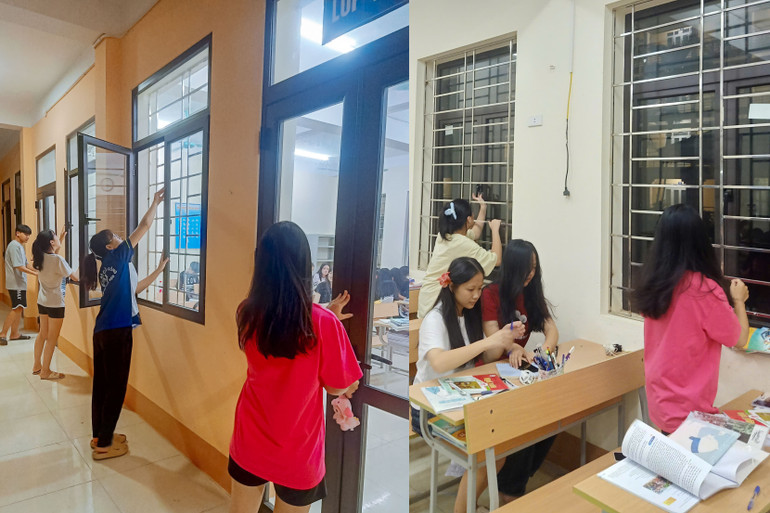 Học sinh Trường Phổ thông dân tộc nội trú THPT Bắc Kạn tham gia buộc lại cửa để phòng, chống bão. 5.jpg