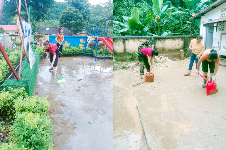 Thầy cô giáo các Trường Mầm non Bằng Lãng, Tiểu học và THCS Lương Bằng hối hả dọn dẹp sau lũ. 1.jpg