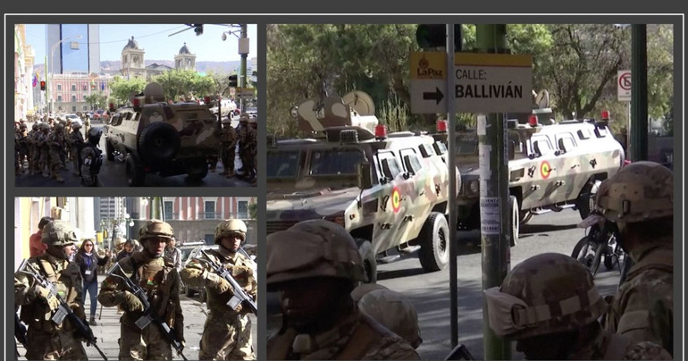 Hình ảnh binh sỹ Bolivia tràn vào quảng trường Murillo ở La Paz. (Ảnh cắt từ clip của Reuters) bocthep2762-8308-4792-5055.png