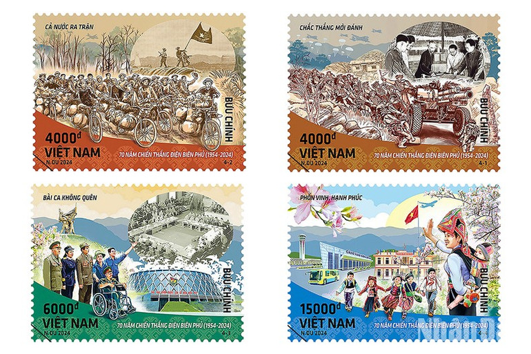 Bộ tem kỷ niệm 70 năm Chiến thắng Điện Biên Phủ gồm 4 mẫu tem được thiết kế bằng phương pháp đồ họa, sử dụng hình ảnh thực tế trong lịch sử, thể hiện hành trình 70 năm từ quá khứ chiến thắng hào hùng đến hiện tại phồn vinh, hạnh phúc. Bộ tem kỷ niệm 70 năm Chiến thắng Điện Biên Phủ gồm 4 mẫu tem được thiết kế bằng phương pháp đồ họa, sử dụng hình ảnh thực tế trong lịch sử, thể hiện hành trình 70 năm từ quá khứ chiến thắng hào hùng đến hiện tại phồn vinh, hạnh phúc.