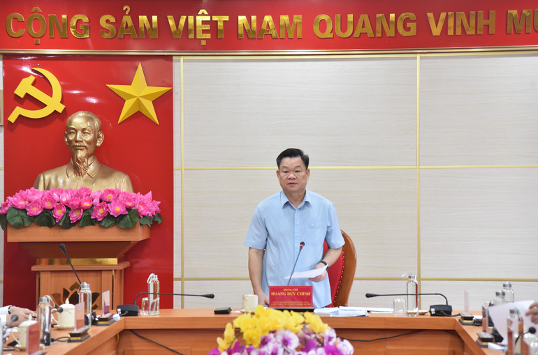 Đồng chí Hoàng Duy Chinh, Ủy viên Ban Chấp hành Trung ương Đảng, Bí thư Tỉnh ủy, Trưởng đoàn ĐBQH tỉnh phát biểu tại hội nghị. nik-0387.jpg