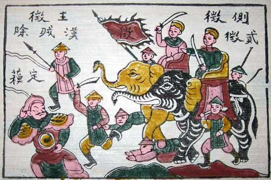 Tranh Đông Hồ diễn tả hình ảnh Nữ vương đánh giặc. Tranh Đông Hồ diễn tả hình ảnh Nữ vương đánh giặc.
