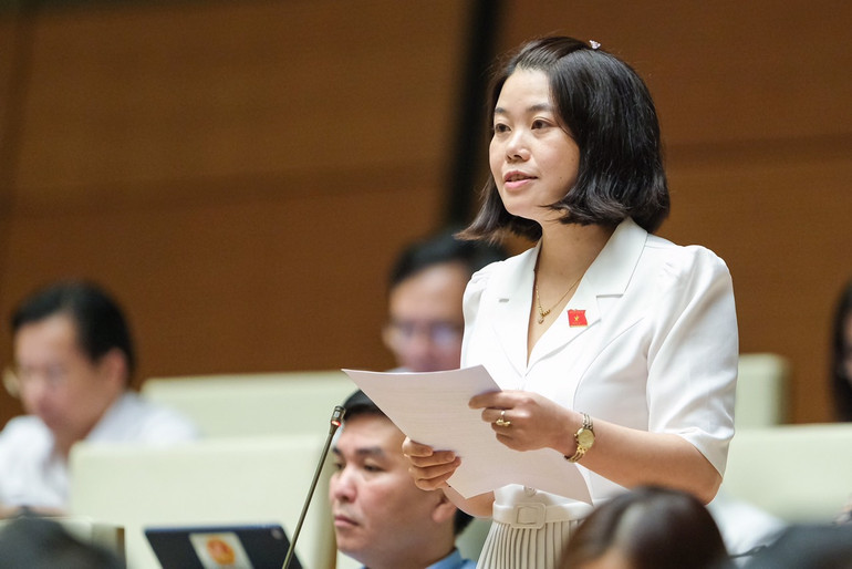 Ảnh: Đại biểu Nguyễn Thị Huế- Đoàn ĐBQH tỉnh Bắc Kạn tham gia ý kiến đối với dự án Luật kinh doanh bảo hiểm (sửa đổi).