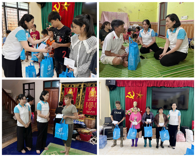 Bà Nguyễn Thị Minh Hương, Phó Chủ tịch TW Hội LHPN Việt Nam trao quà cho các hộ dân bị thiệt hại bởi thiên tai tại xã Đồng Phúc. xanh-duong-va-mau-kem-ke-hoach-du-lichky-nghi-anh-ghep.png