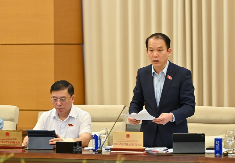 Chủ nhiệm Ủy ban Pháp luật và Tư pháp Hoàng Thanh Tùng trình bày báo cáo thẩm tra. (Ảnh: DUY LINH) Chủ nhiệm Ủy ban Pháp luật và Tư pháp Hoàng Thanh Tùng trình bày báo cáo thẩm tra. (Ảnh: DUY LINH)
