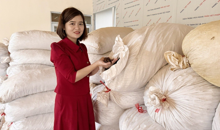Chị Lê Thị Hương, Giám đốc HTX Nông nghiệp công nghệ cao BKFOODS kiểm tra sản phẩm hoa hồi sấy khô. c-huong.jpg