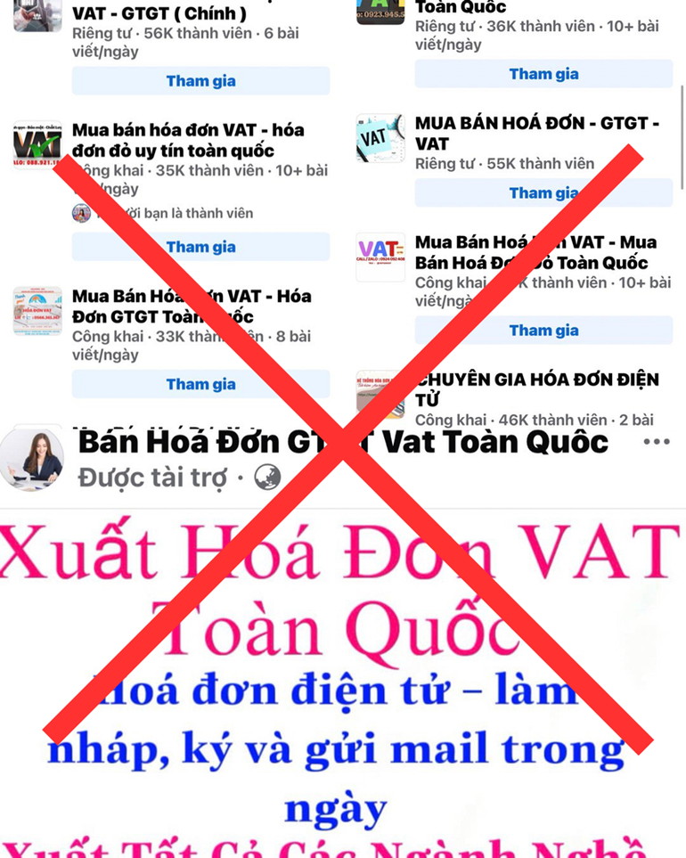 Các hội, nhóm mua bán hóa đơn nhan nhản trên mạng xã hội Các hội, nhóm mua bán hóa đơn nhan nhản trên mạng xã hội