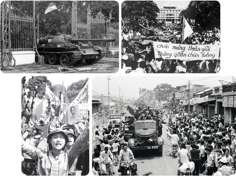 Khoảnh khắc lịch sử xe tăng Quân giải phóng tiến vào Dinh Độc Lập, trưa 30/4/1975; Nhân dân Sài Gòn đổ ra đường chào đón quân Giải phóng Khoảnh khắc lịch sử xe tăng Quân giải phóng tiến vào Dinh Độc Lập, trưa 30/4/1975; Nhân dân Sài Gòn đổ ra đường chào đón quân Giải phóng
