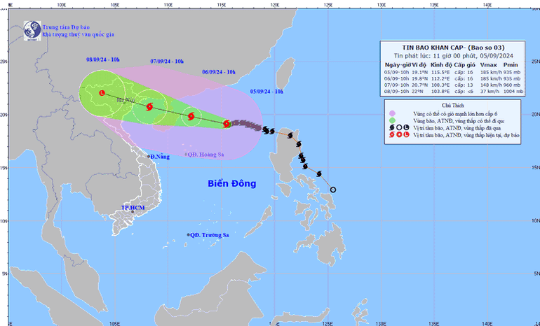 Dự báo vị trí và đường đi của bão số 3 - Ảnh: Trung tâm Dự báo khí tượng thủy văn quốc gia