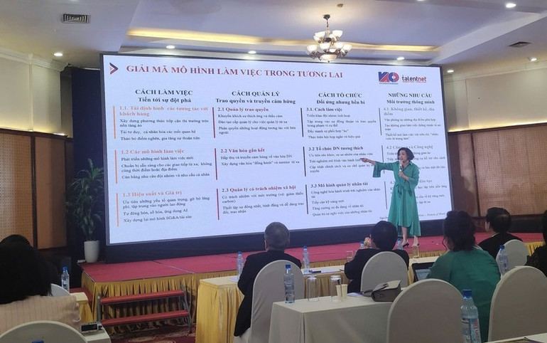 Bà Tiêu Yến Trinh, CEO Talentnet, trình bày về "Xu hướng nhân sự trong tương lai & ứng dụng AI trong quản trị nhân sự". Bà Tiêu Yến Trinh, CEO Talentnet, trình bày về "Xu hướng nhân sự trong tương lai & ứng dụng AI trong quản trị nhân sự".