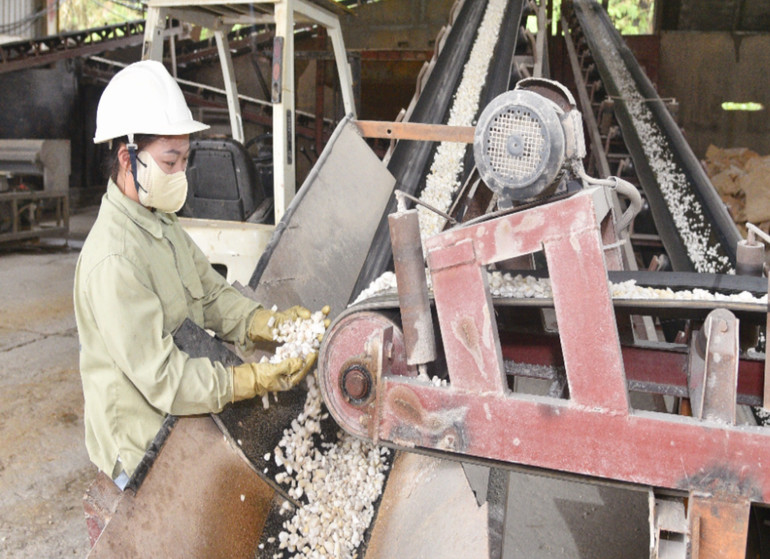 Hoạt động sản xuất tại Nhà máy chế biến đá thạch anh của Công ty TNHH Anh Vũ (Ngân Sơn). Ảnh: QUÝ ĐÔN anh-vu.jpg