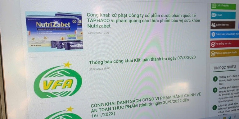 Các thông tin cảnh báo về vi phạm quảng cáo thực phẩm chức năng được đăng tải công khai trên website của Cục An toàn thực phẩm - Ảnh: VGP/HM Các thông tin cảnh báo về vi phạm quảng cáo thực phẩm chức năng được đăng tải công khai trên website của Cục An toàn thực phẩm - Ảnh: VGP/HM