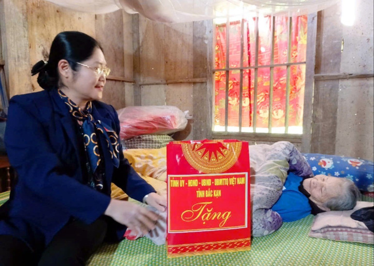 Đồng chí Hoàng Thu Trang, Phó Chủ tịch UBND tỉnh tặng quà cho bà Hoàng Thị Yện (sinh năm 1949), thôn Cốc Pái, xã Tân Tú (Bạch Thông) nhân Ngày Quốc tế người khuyết tật (03/12). tang-qua.jpg