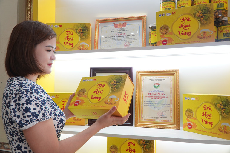 Bà Lê Thị Hương, Giám đốc HTX nông nghiệp công nghệ cao BK FOODS với sản phẩm sét quà trà hoa vàng của HTX. dsc08672.jpg