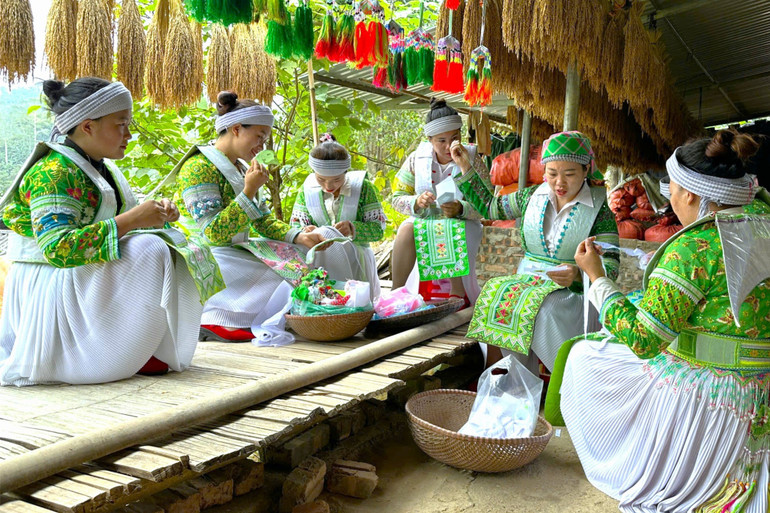 នារីជនជាតិម៉ុងអង្គុយប៉ាក់ផ្កាធ្វើរ៉ូបយ៉ាងស្រស់ស្អាត។ asnh-3802.jpg