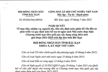 Nghị quyết về mục tiêu, nhiệm vụ, nguyên tắc, tiêu chí, định mức phân bổ vốn đầu tư phát triển và quy định mức hỗ trợ từ ngân sách Nhà nước thực hiện Chương trình mục tiêu quốc gia xây dựng nông thôn mới giai đoạn 2021-2025 trên địa bàn tỉnh Bắc Kạn