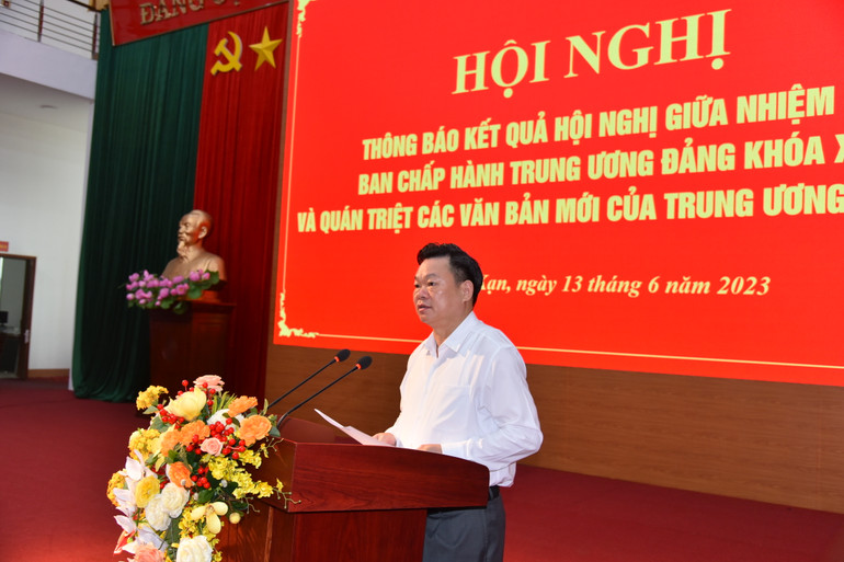 Đồng chí Hoàng Duy Chinh, Ủy viên Ban Chấp hành Trung ương Đảng, Bí thư Tỉnh ủy, Trưởng đoàn ĐBQH tỉnh báo cáo tóm tắt kết quả Hội nghị giữa nhiệm kỳ của BCH Trung ương Đảng.