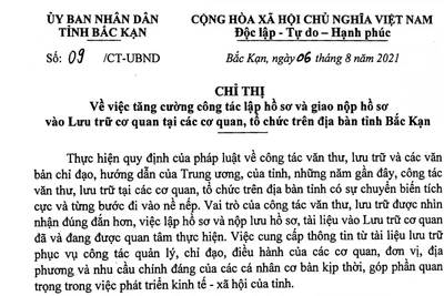 Chỉ thị của UBND tỉnh về việc tăng cường công tác lập hồ sơ và giao nộp hồ sơ vào lưu trữ tại các cơ quan