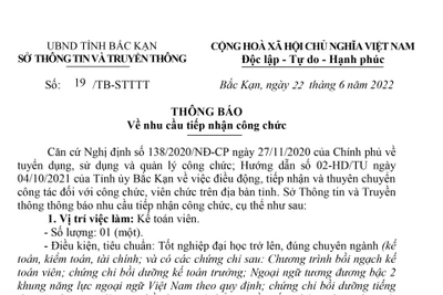 Sở Thông tin và Truyền thông Bắc Kạn thông báo về nhu cầu tiếp nhận công chức