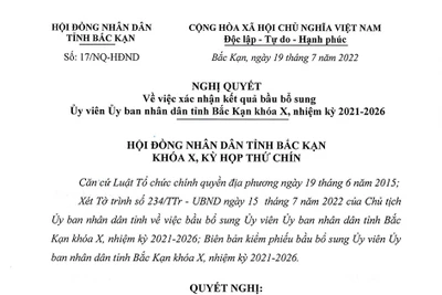 Nghị quyết về việc xác nhận kết quả bầu bổ sung Ủy viên Ủy ban nhân dân tỉnh Bắc Kạn khóa X, nhiệm kỳ 2021-2026