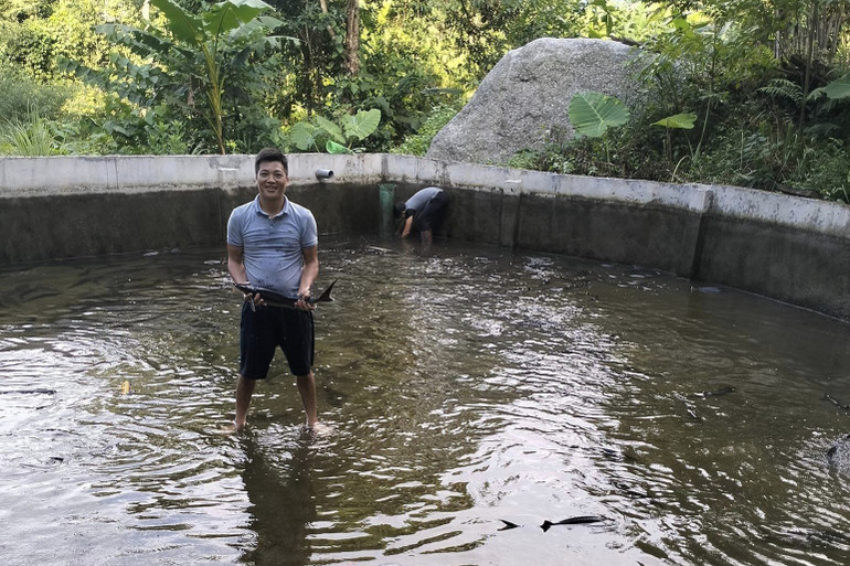 Anh Cường có thu nhập ổn định từ mô hình nuôi cá tầm, cá hồi. 375941935_3727453687541313_2527572374585652908_n.jpg